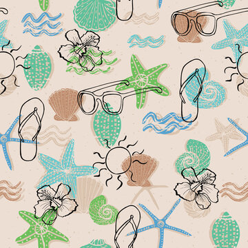 Beach vacation summer background seamless vector pattern with seashells and beach accessories.