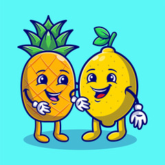 Summer with Cute Lemon and Pineapple flat illustration. Hello Summer Food and Fruits concept flat cartoon style