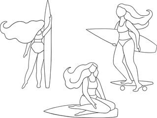 Set of outline illustrations with girls surfers. Girl with surf rides a skateboard. Girl sits and stands with a surfboard. Vector isolated illustration.