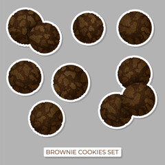 Set of stickers with chocolate cookies brownie and white borders. Vector illustration for postcard greeting card, banner, web, advertising, menu, articles.