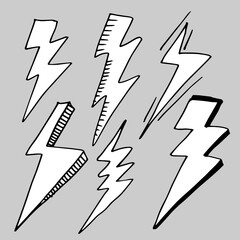 set of hand drawn vector doodle electric lightning bolt symbol sketch illustrations. thunder symbol doodle icon .