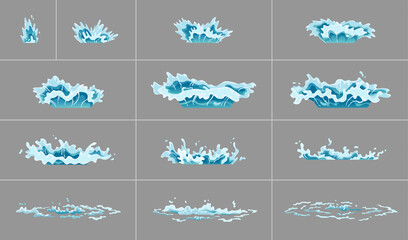 Sprite water splash animation. Shock waves on transparent background. Spray motion, spatter blast, drip. Clear water frames for flash animation in games, video and cartoon