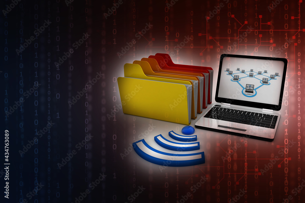 Poster 3d rendering computer folder network with wifi