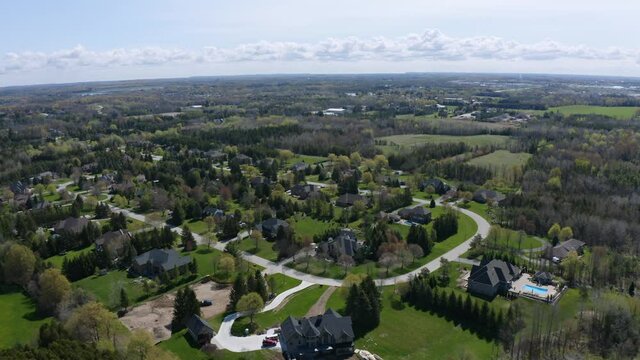 An aerial shot of Bridle Path, and Carriage Lane. Two streets that have large estate homes located just outside Guelph, Ontario in the town of Puslinch.