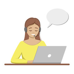 Call centre operator working at table. Cheerful and pretty young woman dispatcher in yellow clothes with headphones device and computer. Speech bubble for your text. Flat design, vector illustration 