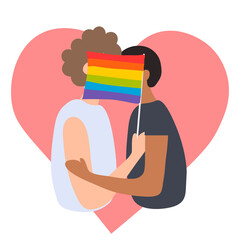 Two boy kiss for an LGBT flag on pink heart . Homosexual people. Vector illustration