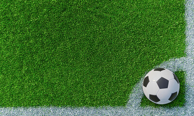 Lawn or soccer field with thick, soft green grass. A standard patterned soccer ball placed for corner kicks. Top view Football field. Background or Wallpaper. 3D lawn. 3D Rendering.