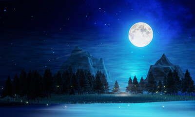 Wide grasslands with pine trees and mountains alternate in background. Full moon night bright stars are filling the sky. Night mountain scenery with fireflies flying above the ground. 3D Rendering