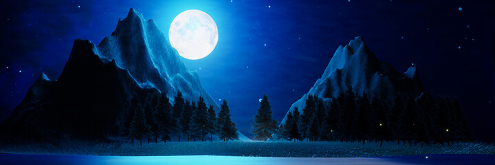 Full moon night bright stars are filling the sky. Night mountain scenery with fireflies flying above the ground.  Wide grasslands with pine trees and mountains alternate in background. 3D Rendering