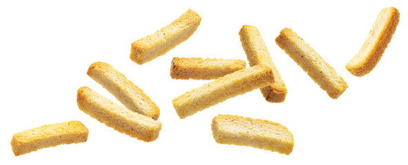 Falling bread croutons isolated on white background