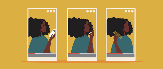 Progress video, beauty blogger, flat vector stock illustration with afro woman, curly hair care blog