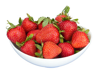 Strawberries in white bowl isolated on white background closeup photo. Fresh ripe juicy red berries with green leaves.Grow concept. Garden harvest. Organic farmers market product. Summer season food. 