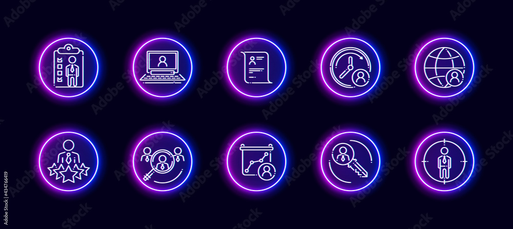 Poster 10 in 1 vector icons set related to human resources theme. lineart vector icons in neon glow style