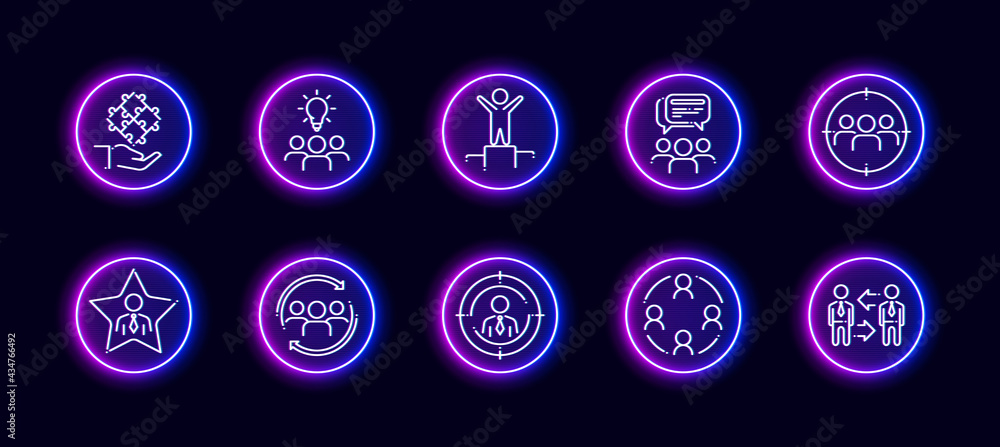 Poster 10 in 1 vector icons set related to team work theme. lineart vector icons in neon glow style