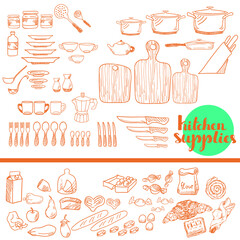 Hand drawn kitchen supplies and food, vector illustration