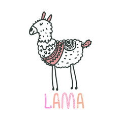 Cute nursery poster with lama in scandinavian style. Childish print for nursery, kids apparel, poster, postcard with hand lettering. scandi style doodle animal.