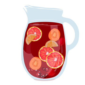 Sangria jug vector stock illustration. Spanish summer drink made of fruit and wine. Compote of orange, grapes, strawberries, apples. Isolated on a white background.