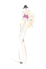 Young elegant woman in pantsuit. Fashion illustration in sketch style. Vector