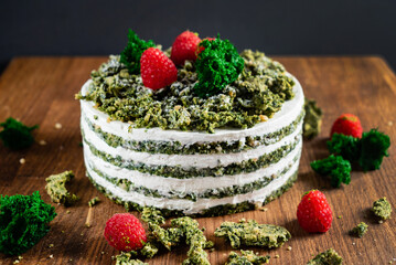 spinach cake with fresh raspberries