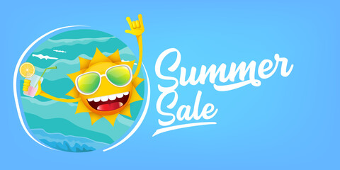 summer sale cartoon horizontal web banner or vector label with happy sun character wearing sunglasses and holding cocktail isolated on blue sky horizontal background