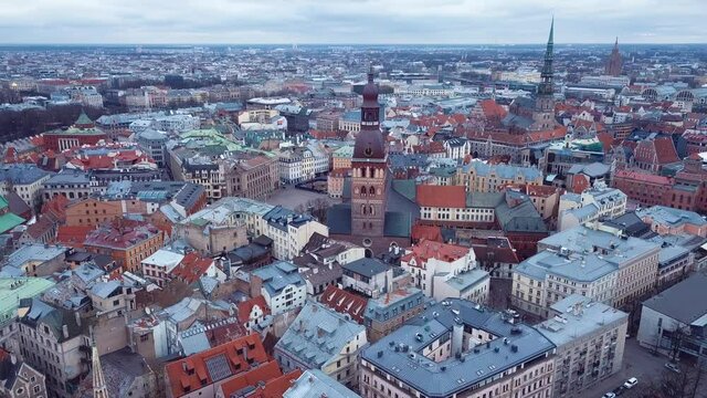 4K Footage Aerial View to the Riga Old Town Roofs, Latvia