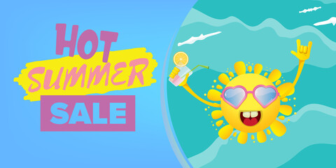 summer sale cartoon horizontal web banner or vector label with happy sun character wearing sunglasses and holding cocktail isolated on blue sky horizontal background