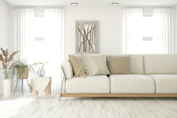 Soft color living room with sofa. Scandinavian interior design. 3D illustration