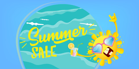 summer sale cartoon horizontal web banner or vector label with happy sun character wearing sunglasses and holding cocktail isolated on blue sky horizontal background