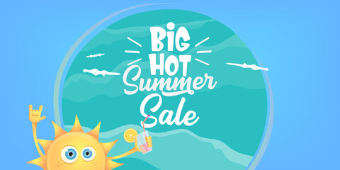 summer sale cartoon horizontal web banner or vector label with happy sun character wearing sunglasses and holding cocktail isolated on blue sky horizontal background