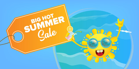 summer sale cartoon horizontal web banner or vector label with happy sun character wearing sunglasses and holding cocktail isolated on blue sky horizontal background