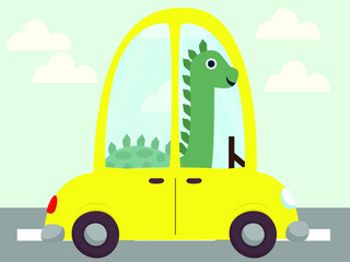 the dinosaur is driving along the road in a yellow car. Children's illustration