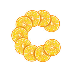 Orange slices stacked into a C shape. Vitamin C concept, health supplement. Vector EPS10 illustration.