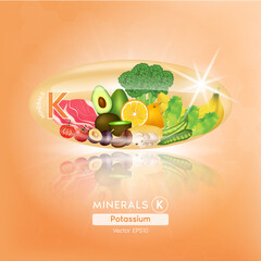 Orange potassium mineral capsules. Benefits Healthy food of vitamins with mineral meat, fruit and vegetables. Medical and dietary supplement care concept. 3D Vector EPS10 illustration