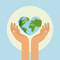 Hands holding earth in heart shape. Save the planet concept. Earth day. Vector stock