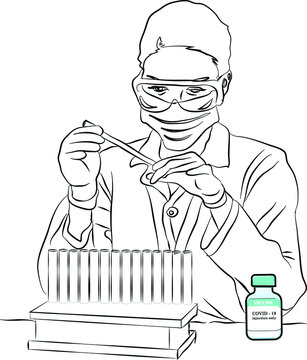 scientist in bio hazard protection clothing analyzing covid 19 sample with microscope and holding coronavirus covid19 blood sample tube on hand in laboratory, Doodle style line art illustration. 