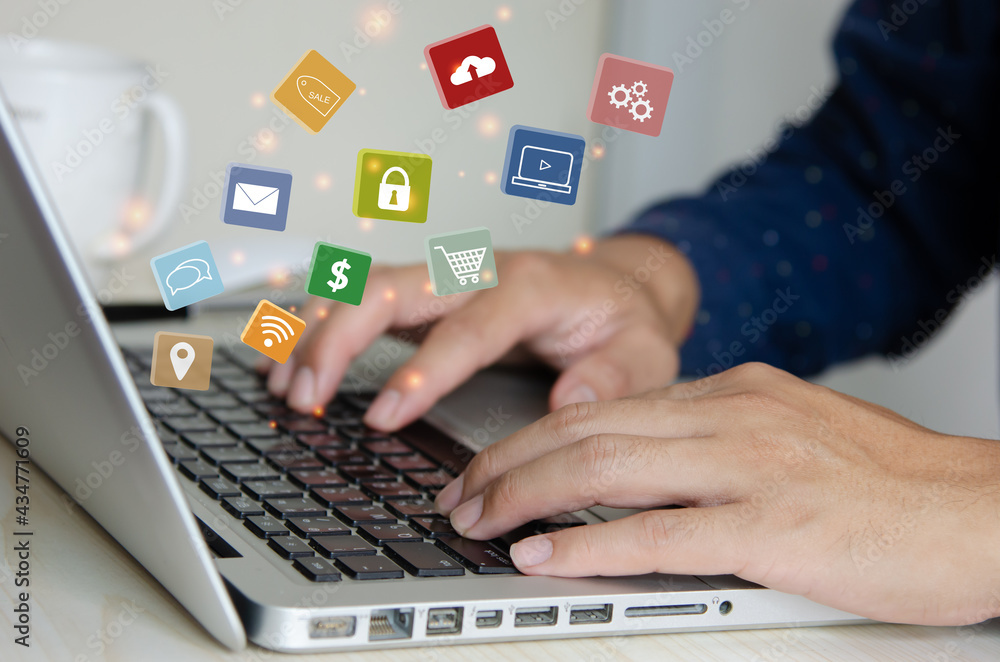 Poster man using computer laptop payment shopping online and network connection icon on hologram virtual sc
