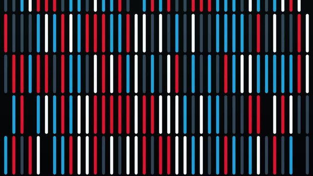 Multicolored motion of abstract same size narrow parallel lines flying up on black background, seamless loop. Animation. Rows of straight segments moving upwards.