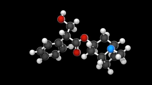 Atropine (Atropen) is a medication used to treat certain types of nerve agent. C17H23NO3. Chemical structure model: Ball and Stick. 3D render. Seamless loop. Black background