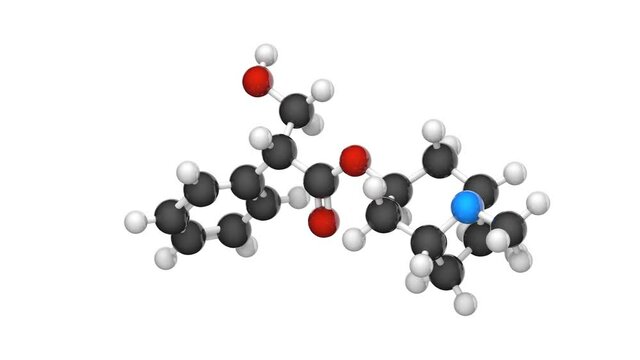 Atropine (Atropen) is a medication used to treat certain types of nerve agent. C17H23NO3. Chemical structure model: Ball and Stick. 3D render. Seamless loop. White background