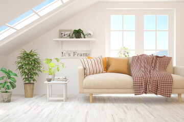 Minimalist living room in white color with sofa and summer landscape in window. Scandinavian interior design. 3D illustration