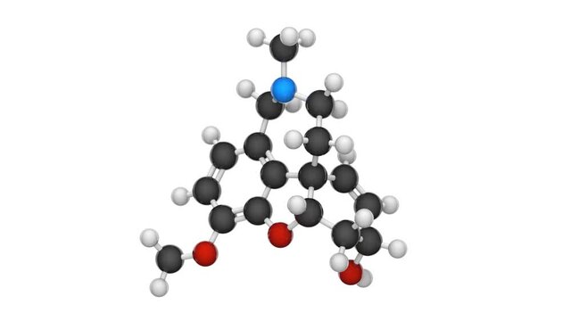 Galantamine (Razadyne, Reminyl), is used for the treatment of cognitive decline in mild to moderate Alzheimer's disease. C17H21NO3. Chemical structure model: Ball and Stick. 3D render. Seamless loop.