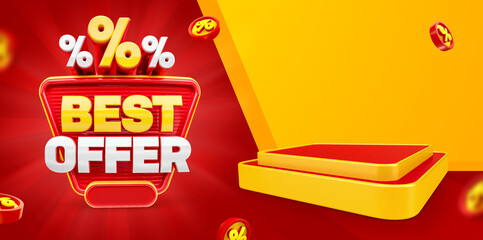 Banner Red and yellow Best Offer isolated on white background with percentages icons. 3d illustration - obrazy, fototapety, plakaty