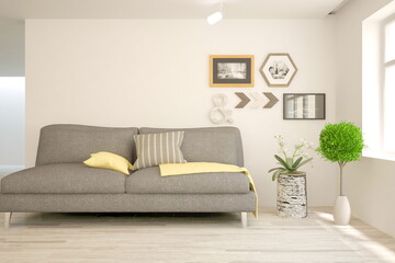 Modern living room in white color with sofa. Scandinavian interior design. 3D illustration