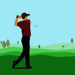 Golfers man play golf on the course. Outdoor hobbies and exercise