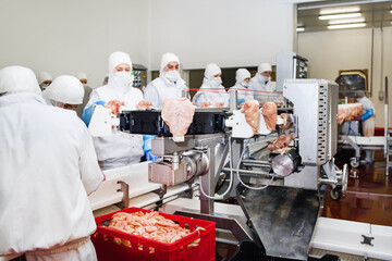 Workers at meet industry handle meat organizing packing shipping loading at meat factory.Production...