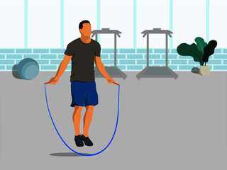 Young men exercise Jumping rope in the gym