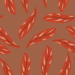 Red random simple doodle leaf seamless pattern in hand drawn style. Beige background. Scrapbook print.
