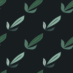 Minimlistic dark seamless pattern with green outline leaves ornament. Black background. Simple style.
