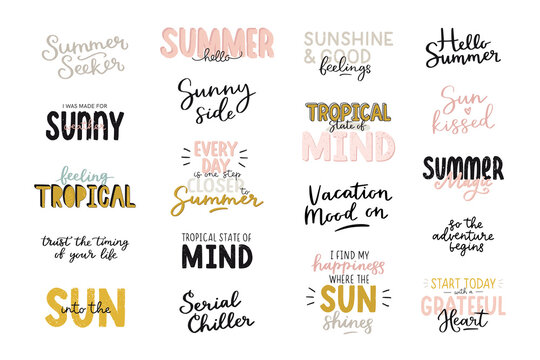 Beautiful tropical illustration with trendy lettering. Cute hand drawn summer prints.