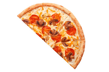 Half pizza with pepperoni and mushrooms isolated on white background